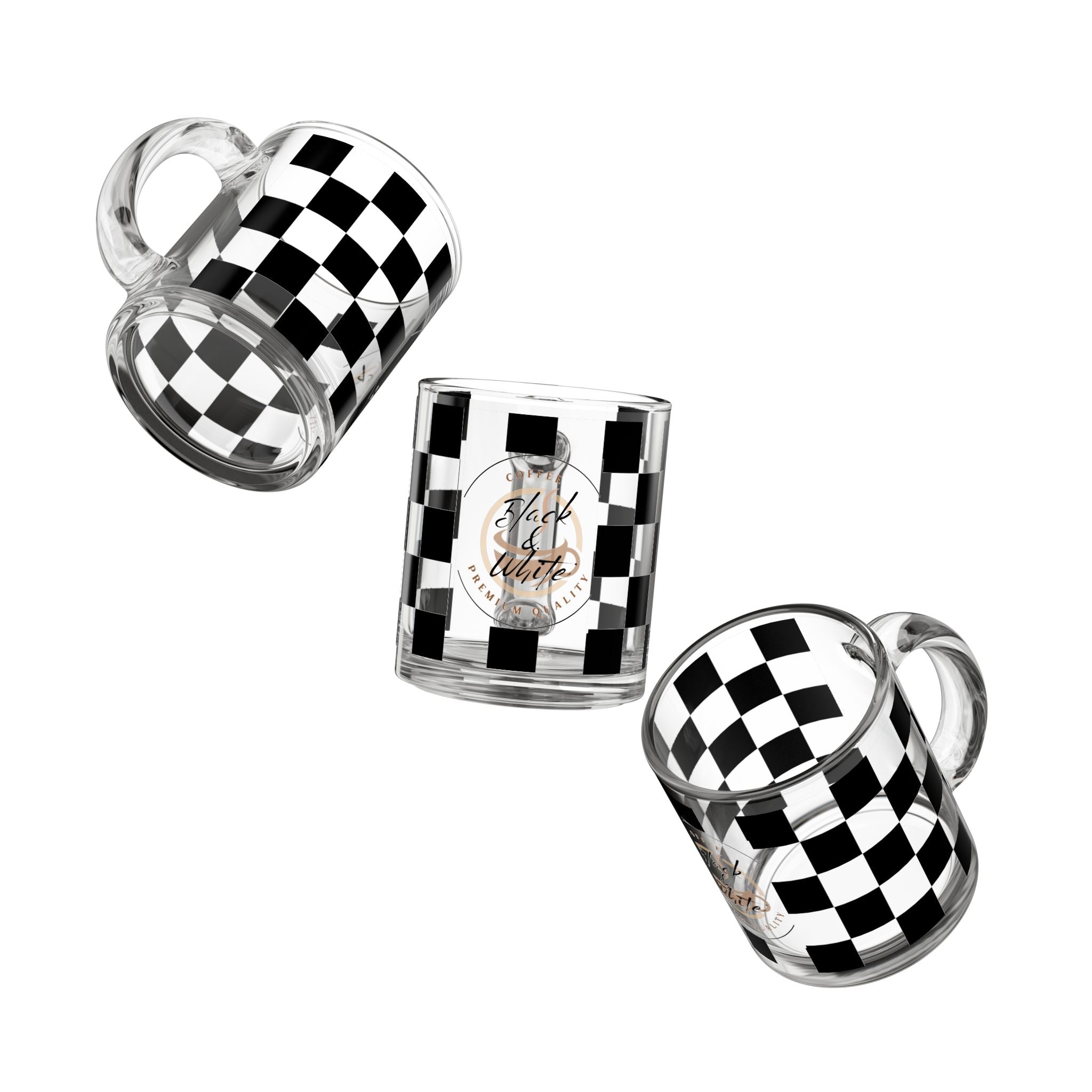 Checkered Glass Coffee Mug | 10oz Clear Heat-Resistant Cup with Handle