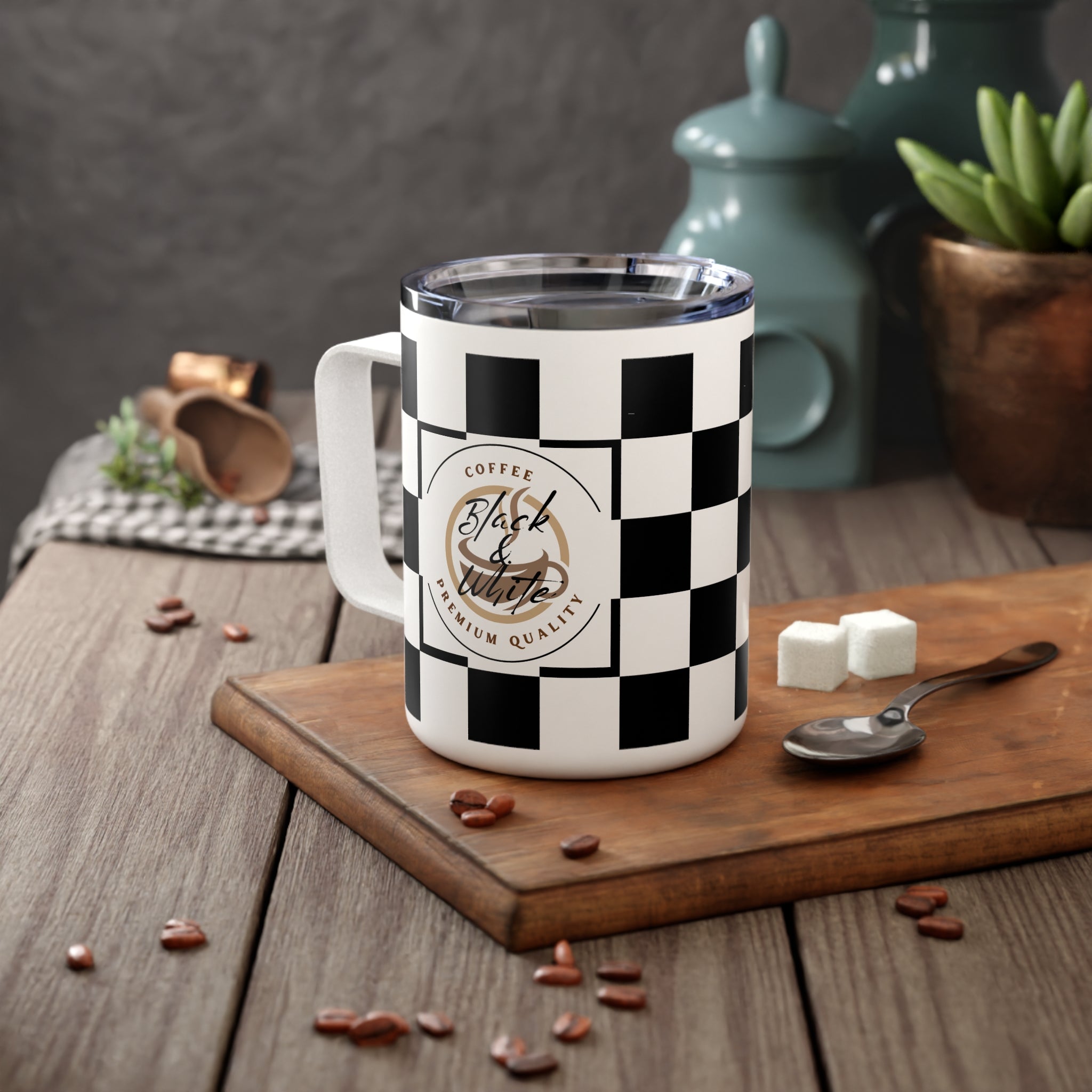 Checkered Insulated Coffee Mug | 10oz Stainless Steel, Spill-Resistant Lid