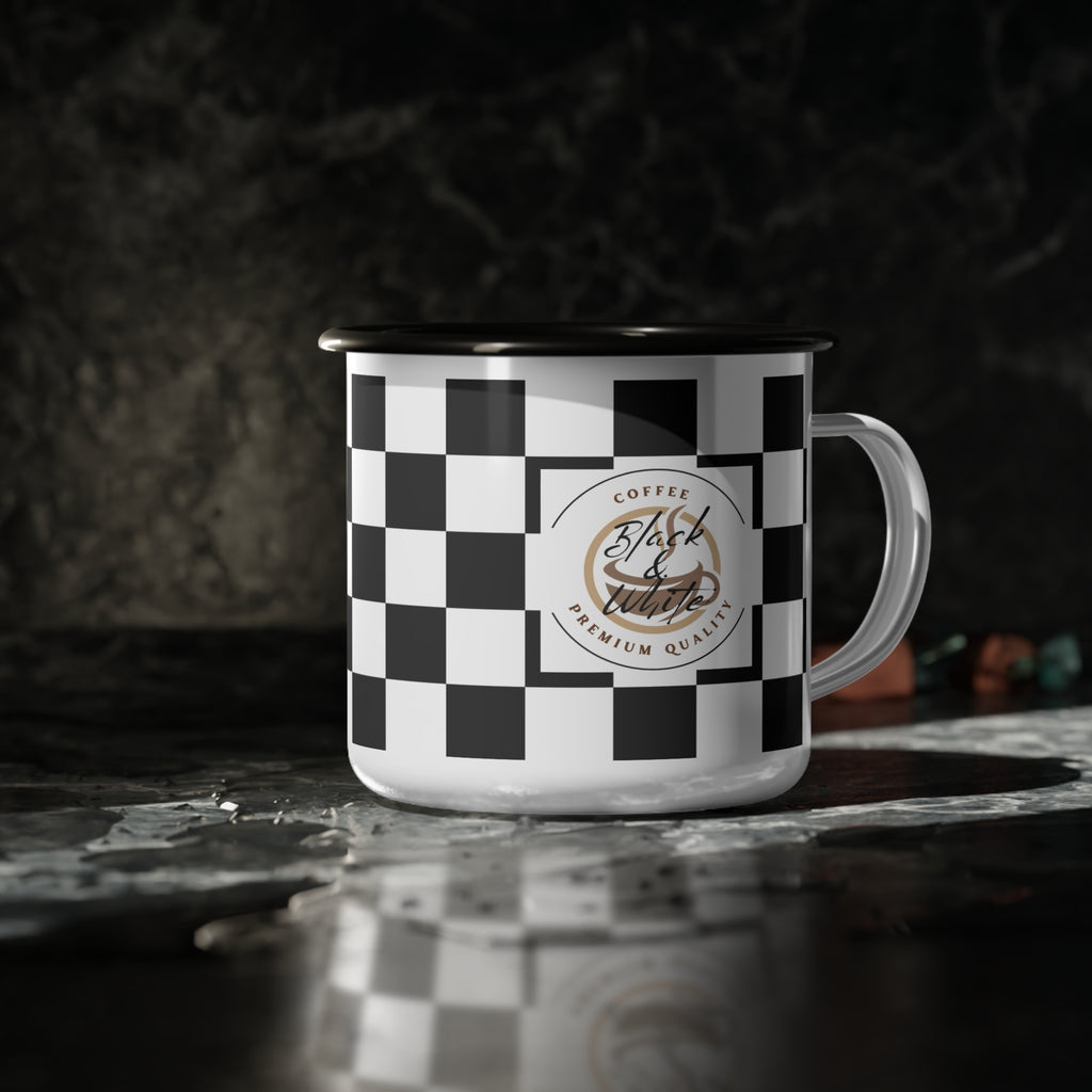Retro Checkerboard Enamel Camp Mug | 12oz Dishwasher-Safe Coffee Cup