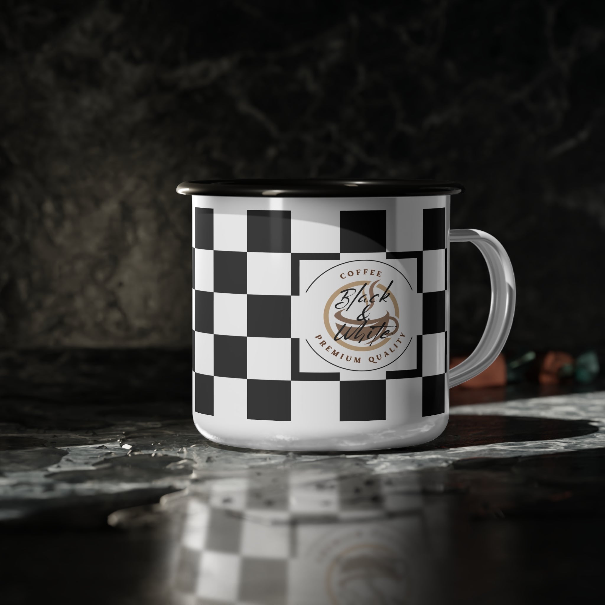 Retro Checkerboard Enamel Camp Mug | 12oz Dishwasher-Safe Coffee Cup